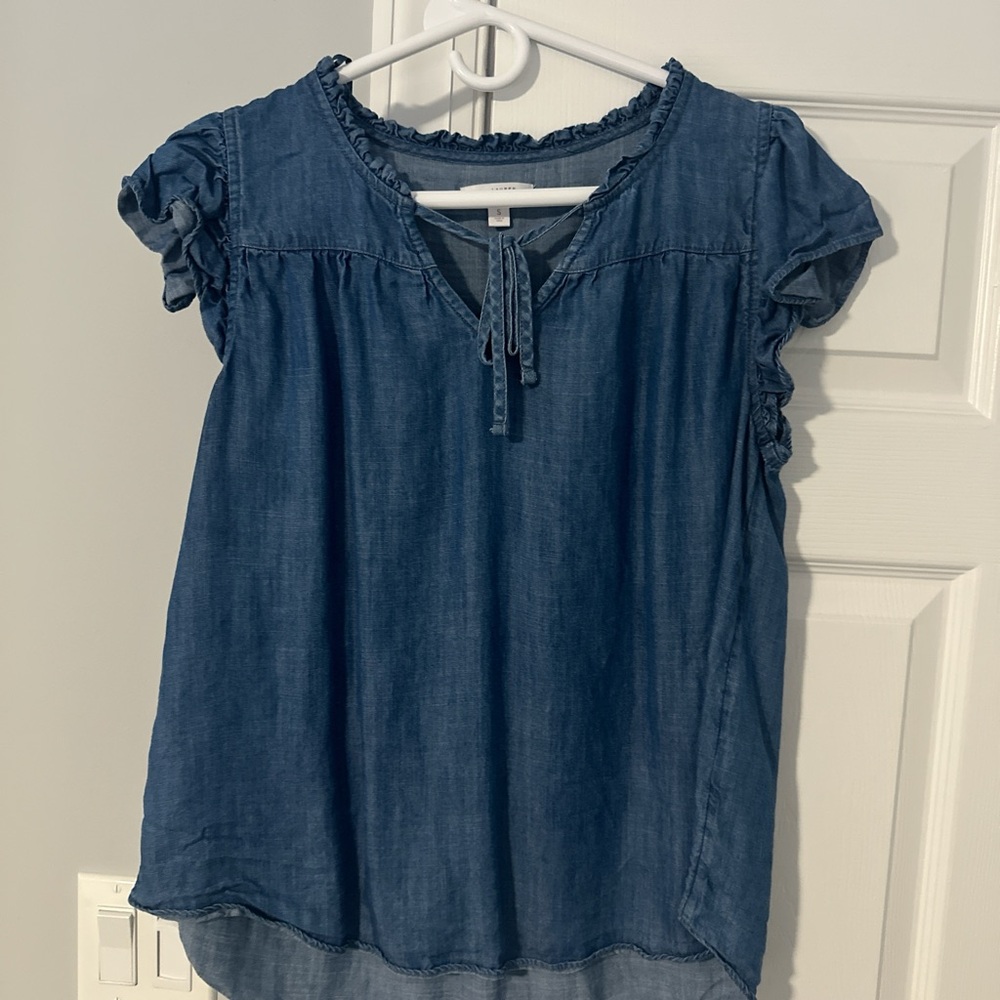 LC Lauren Conrad Denim Blue Blouse with Ruffle Sleeves